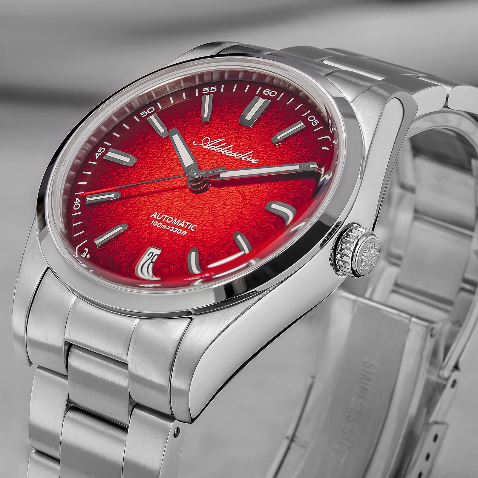 ADDIESDIVE Men's Automatic Stainless Steel Watch, Japanese Movement, 100m Waterproof Dive Watch  3D Crack Red Dial, BGW9 Luminous