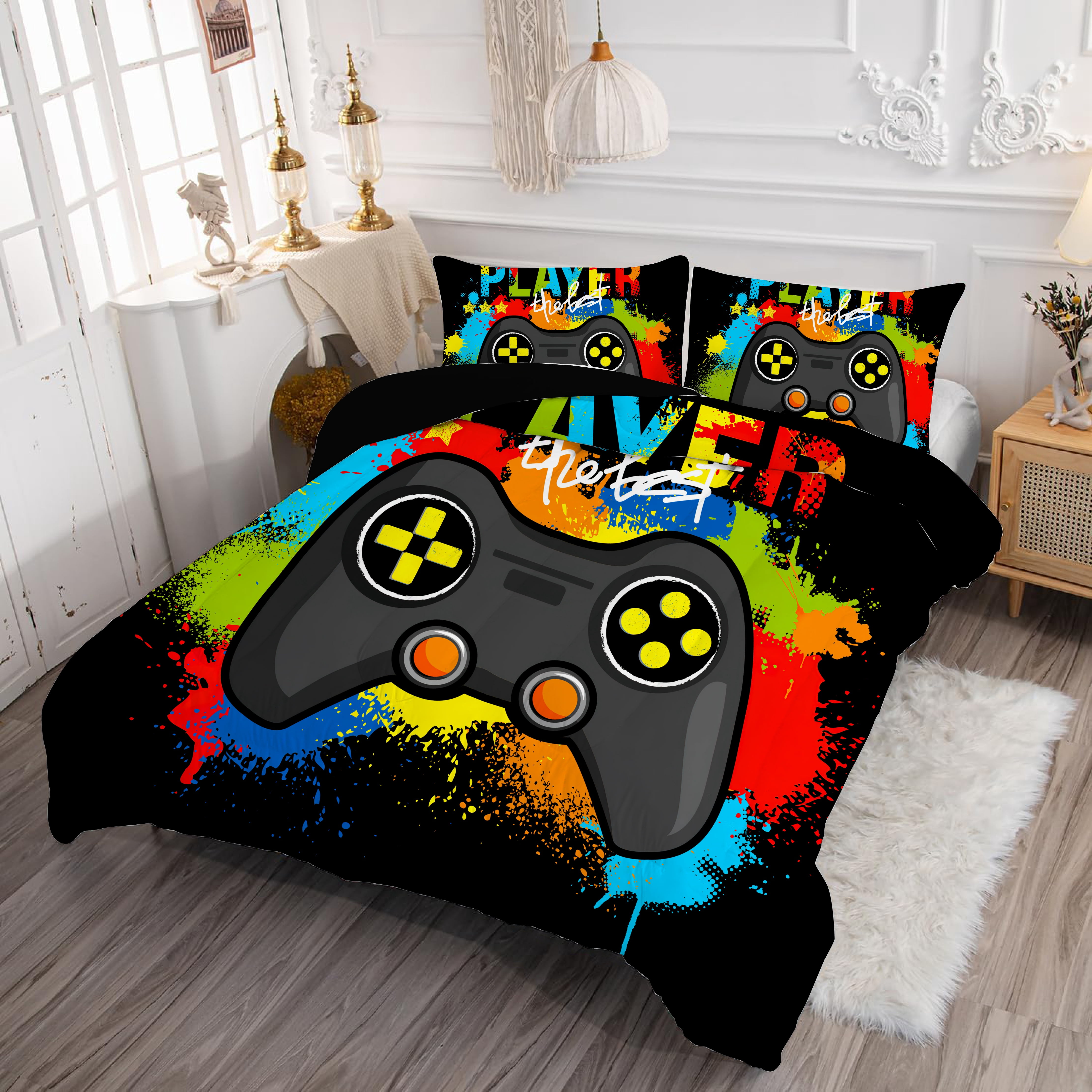 3 Pieces Yellow Gamer Comforter Set for Boys Gaming Bedding Set Queen Size Video Game Controller Colorful Comforter for Kids Adult 3D Gamepad