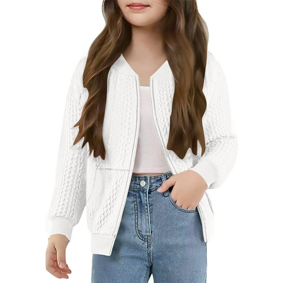 snilers Girls Jacket Zip Up Cable Knit Cardigan Sweaters Fashion Lightweight Long Sleeve Going Out Tops Soft Comfy Bomber Jackets with Pockets for Kids 5-14 Years