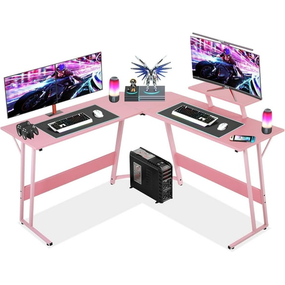 BIQWBIC 50 inch L-Shaped Gaming Desk with Monitor Stand, 176LB Heavy Duty Home Office Workstation, Pink