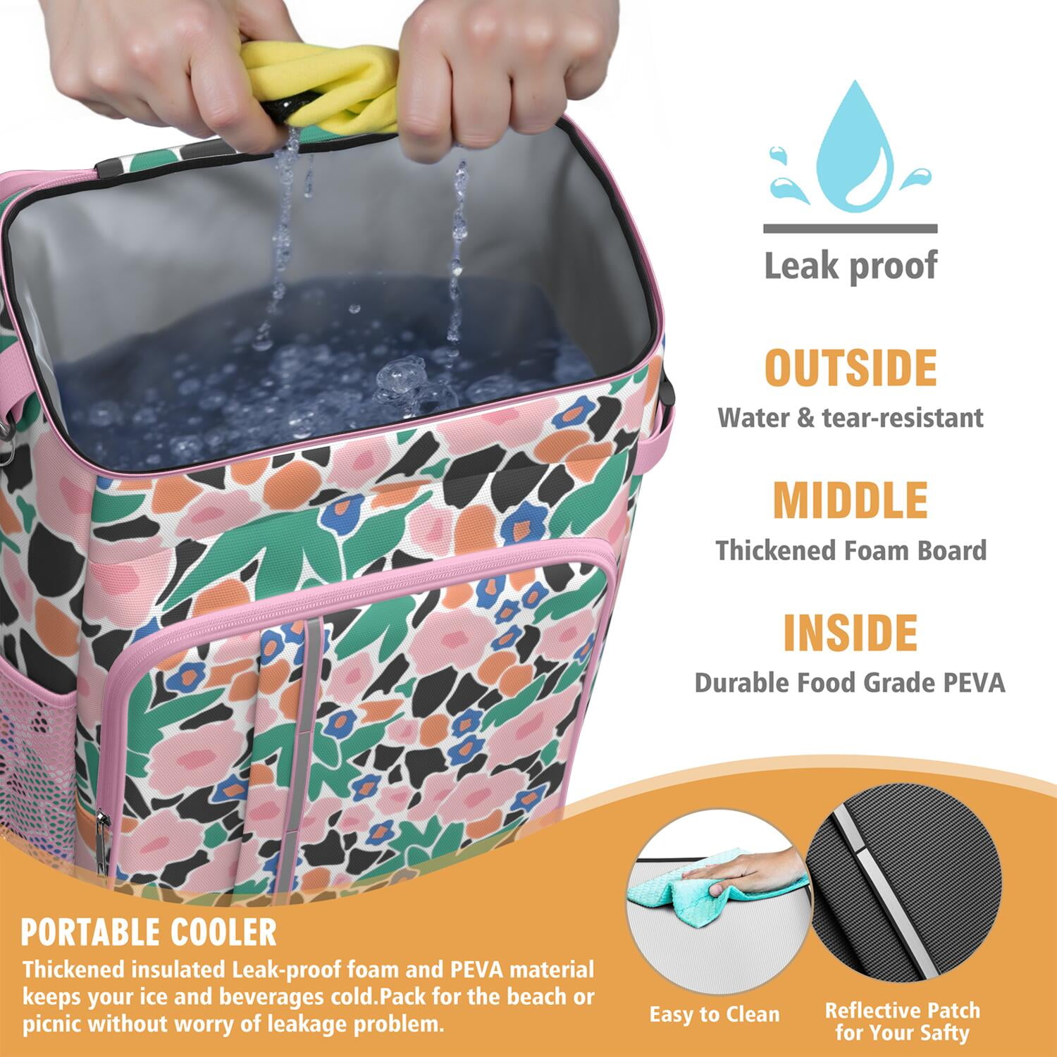 Travel Cooler Bag - Pioneer Flower Floral Print Pattern Camping Beer Cooler Backpack with Bottle Opener- Waterproof Insulated Picnic Backpacks - Cooler Bag for Beach