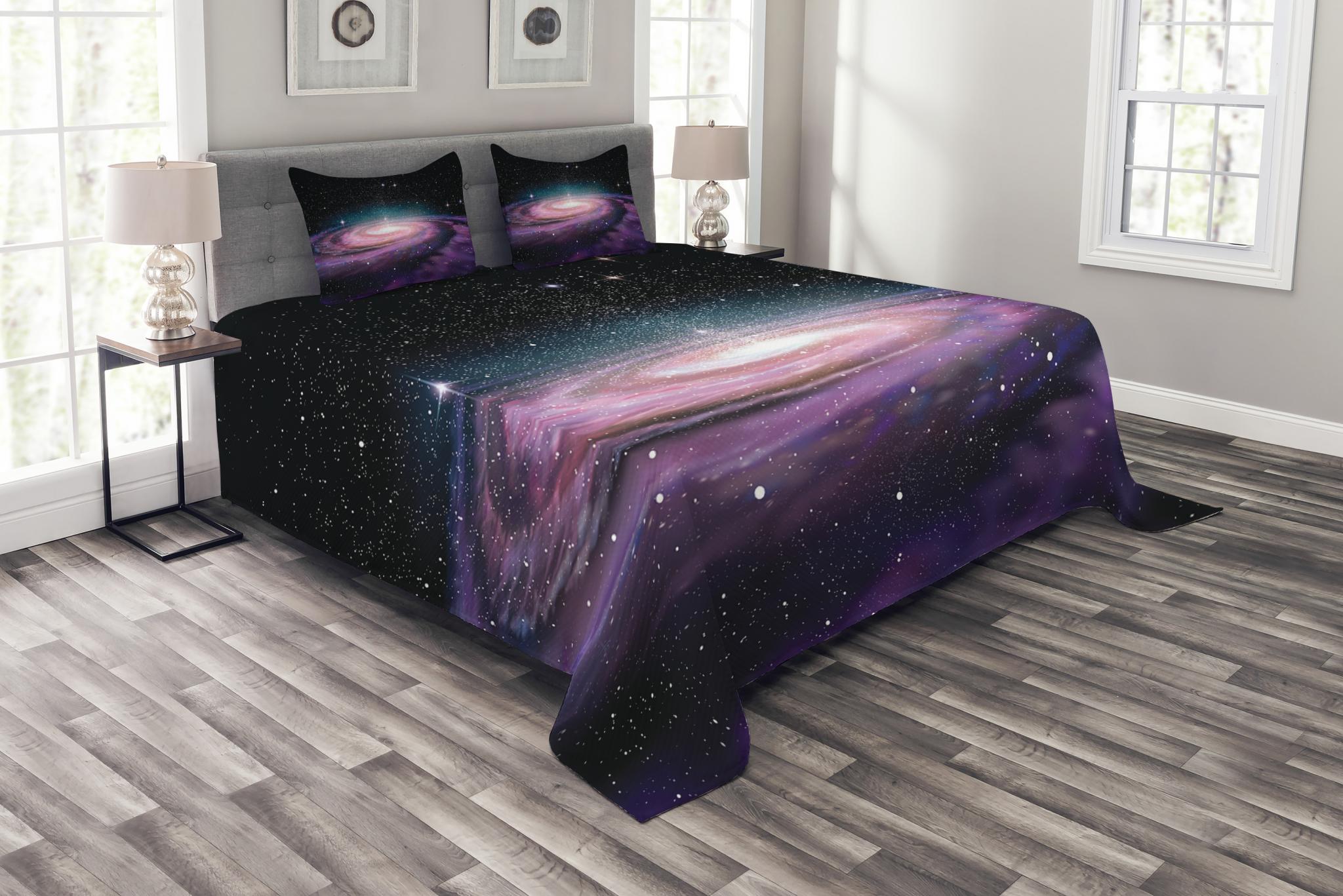 Galaxy Bedspread Set Queen Size, Spiral Galaxy in Outer Space Andromeda
