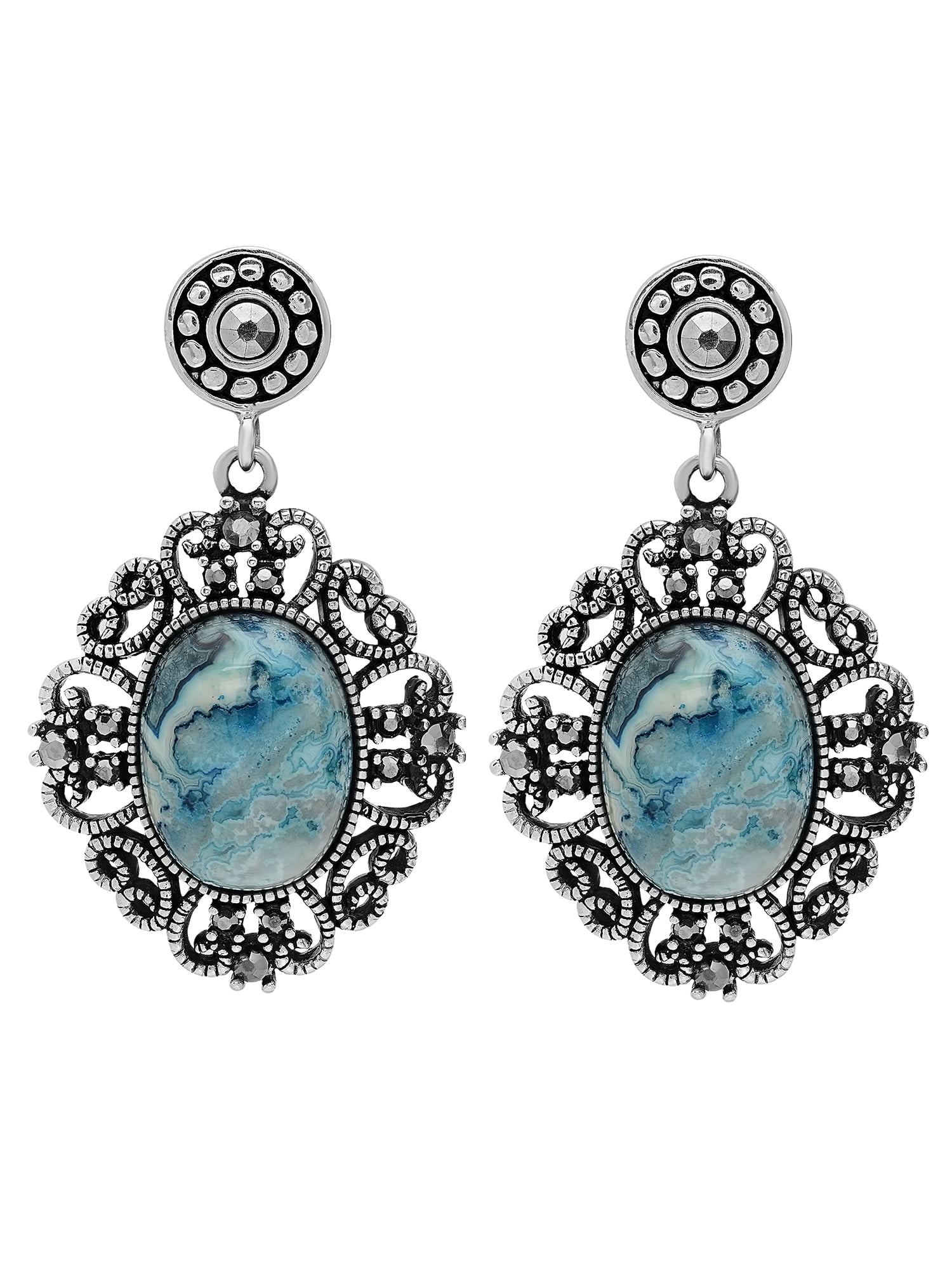 Womens Stainless Steel Eggshell Blue Stone Ornate Drop Earrings