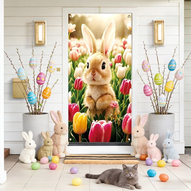 Easter Door Curtain Decorations, Spring Holiday Door Cover, Bunny Rabbit Party Door Hanging, Festive Easter Decor for Home Classroom Office, Polyester Door Banner with Colorful Easter Egg Design