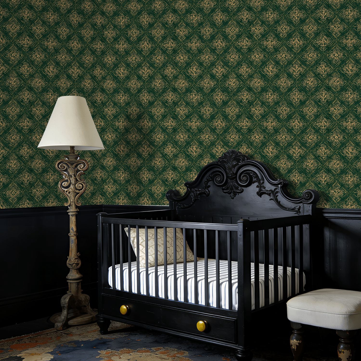 Peel and Stick Wallpaper Baroque Vintage Floral Damask Green Gold Accents Wall Mural 17.7in x 9.8ft Self Adhesive Removable Wall Paper Renter Friendly Wallpaper for Nursery Bedroom Cabinets