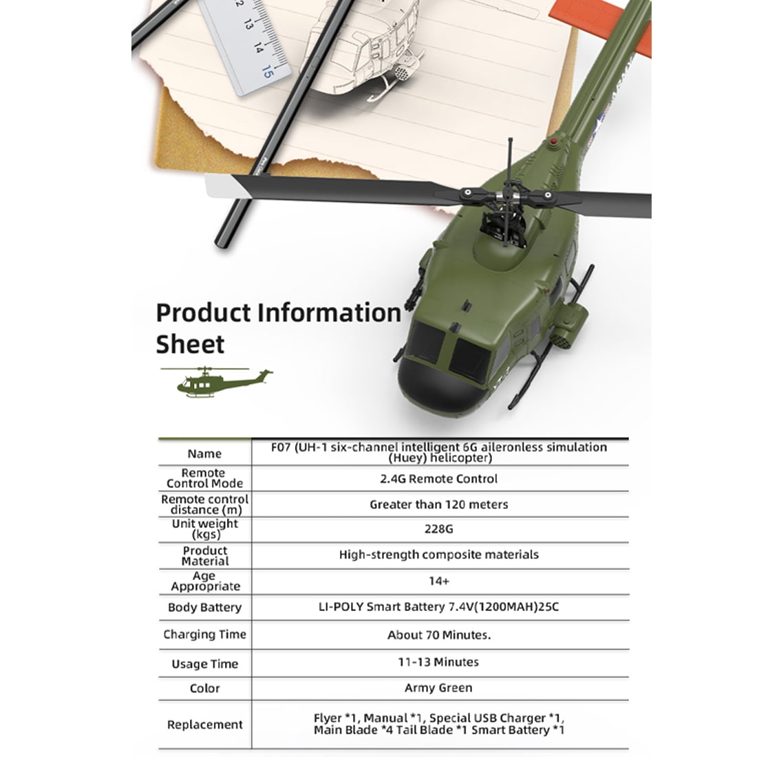 YUXIANG F07 UH-1 Huey 6CH RC Helicopter, 1:34 Scale Brushless Flybarless Helicopter with Optical Flow & Altitude Hold, 2.4GHz Military Aircraft Model Gift for Adults (RTF Version)