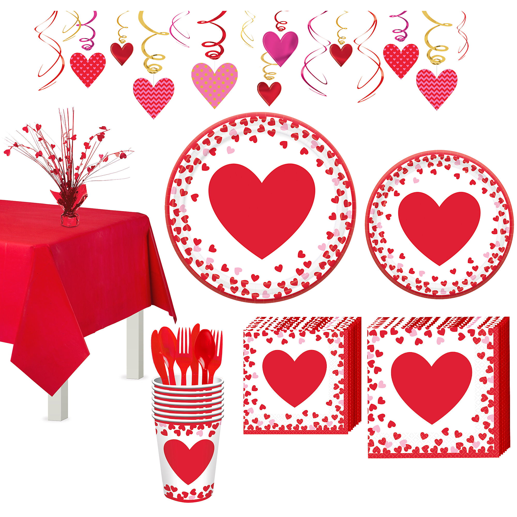 Valentines Paper Plates and Napkins Set for 30 with Plastic Tablecloth with Red and Pink Hearts