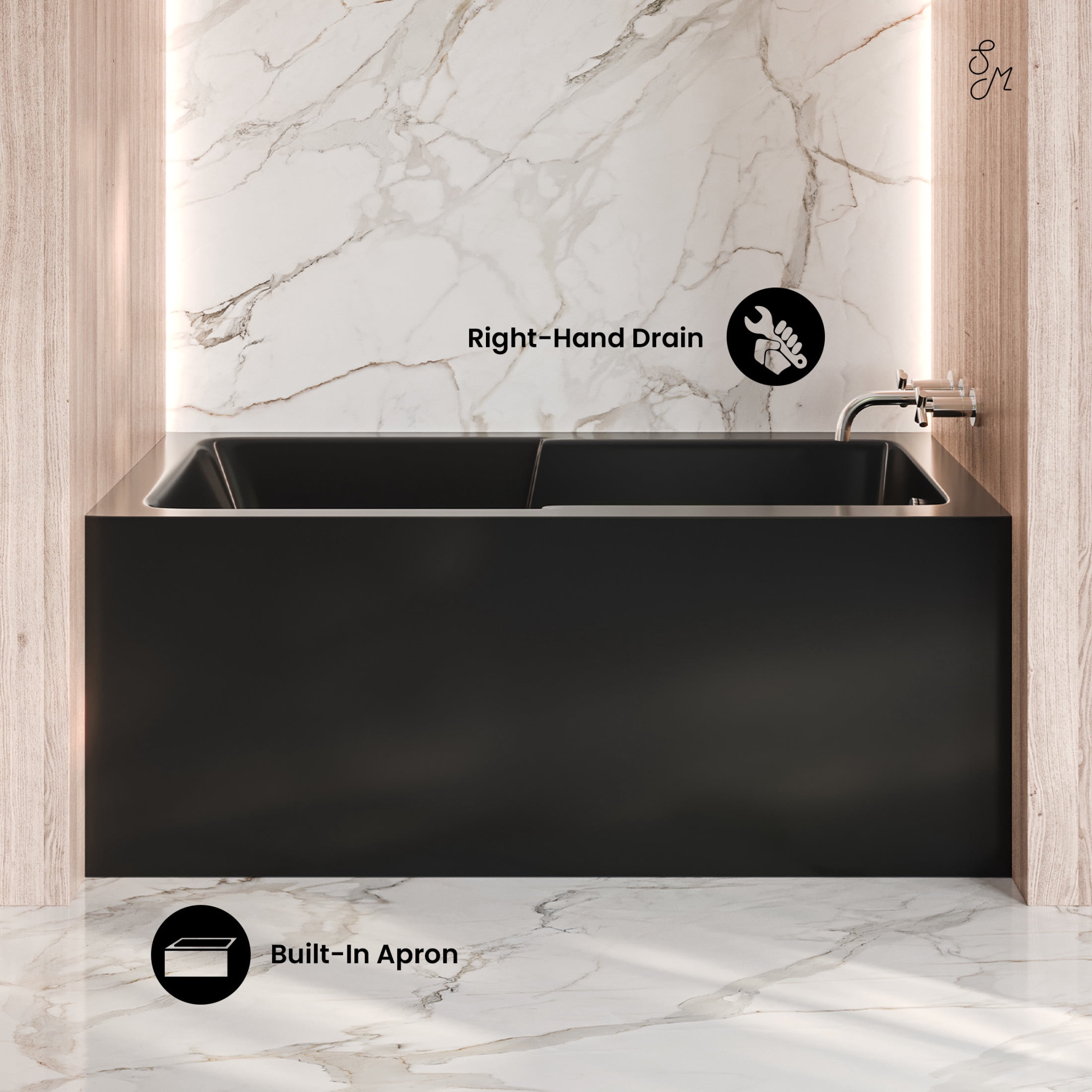 Voltaire 54 x 30 Skirted Right Drain Soaking Apron Bathtub in Glossy Black with Integrated Armrest