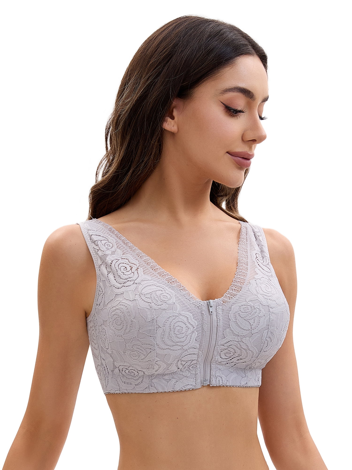 Unique Bargains Women's Lace Zip Front Closure Wirefree Wide Straps Bras D 42 Grey