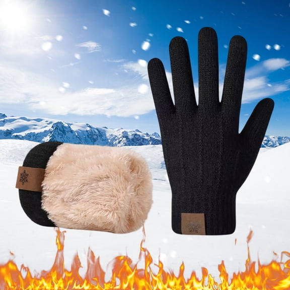 Warm Gloves Thermal Knitted Gloves Lined Touchscreen Windproof Cycling Winter Mittens Black One Size