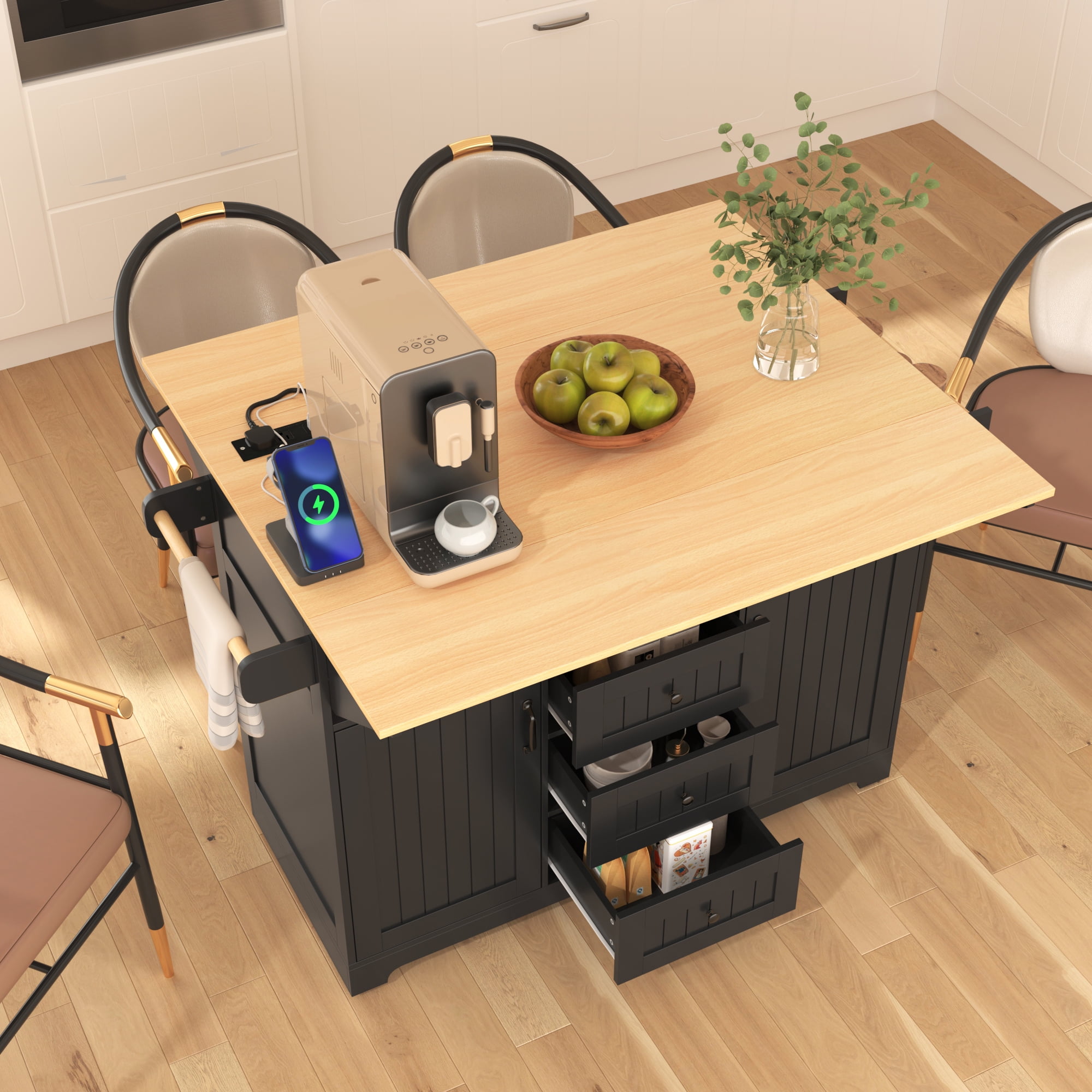 Yoneston 55.7" Kitchen Island with Drop Leaf and Power Outlet, Rolling Kitchen Cart with Spice Towel Rack, Folding Storage Dining Table with 3 Drawers 2 Doors for Kitchen Dining Room, Black