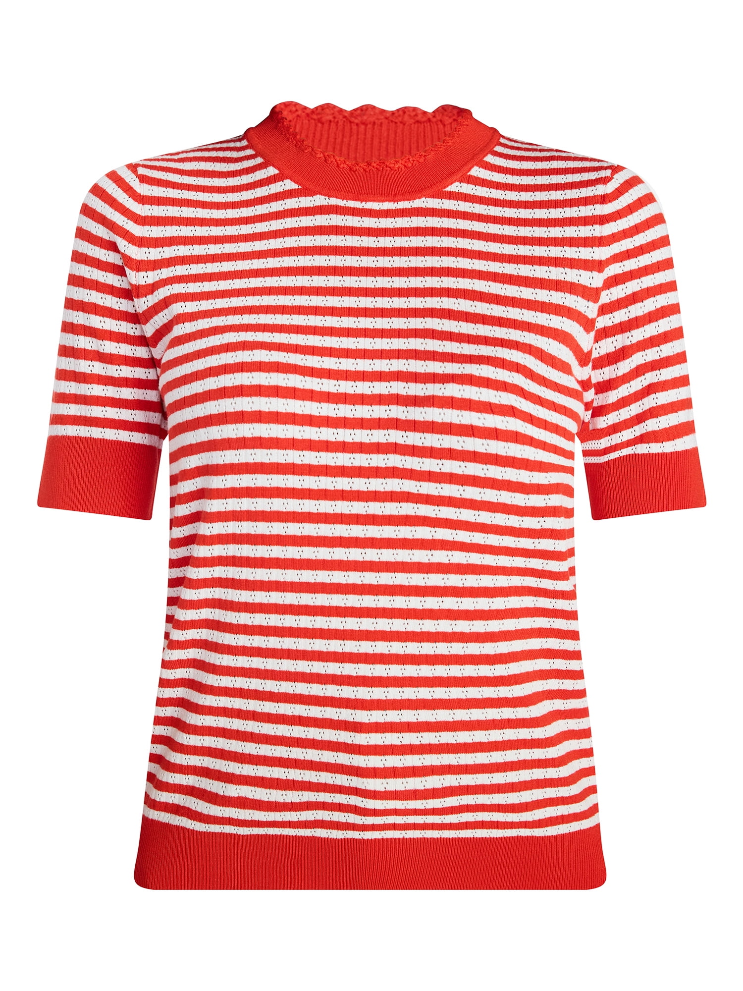 Time and Tru Women's Striped Pointelle Sweater with Short Sleeves, Lightweight, Sizes XS – XXXL
