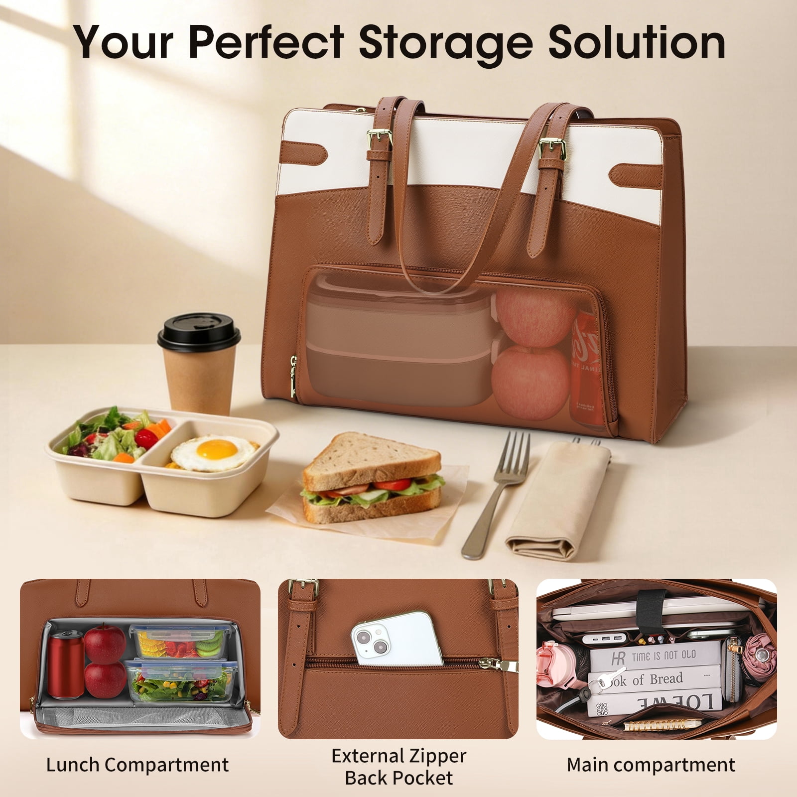 RAINSMORE 15.6 inch Lunch Tote Bag for Women Laptop Bags with Insulated Lunch Compartment Teacher Work Bag for Office Travel,BrownWhite