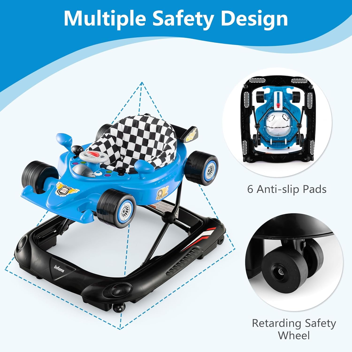 INFANS Foldable Baby Walker, Toddler Activity Center Leaning-Seated Walk-Behind with Steering Wheel, Adjustable Height, Lights, Music, Washable Seat Cushion (Blue)