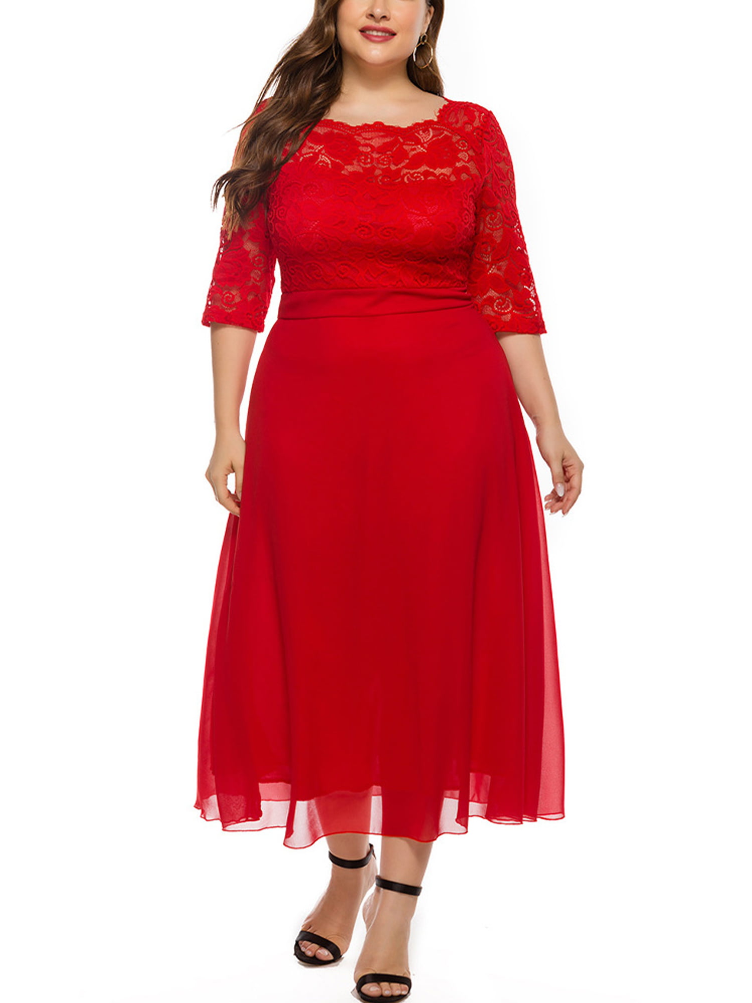 voorspelling kubus gallon Plus Size Women's Red Lace Chiffon Stitching Dress 3/4 Sleeve Formal  Wedding Party Midi Dresses Ladies Casual Holiday Tunic Sundress XL-5XL -  Walmart.com