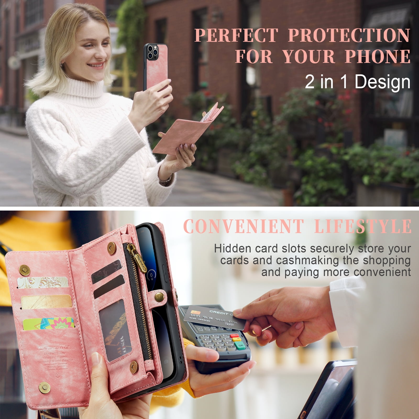 TECH CIRCLE 2-in-1 Magnetic Phone Case with Wrist Strap for iPhone 17 (2025), Detachable Flip Wallet Case with 8 Card Slots, Zipper Pocket, Stand, Protective Slim Magnetic Back Cover, Pink
