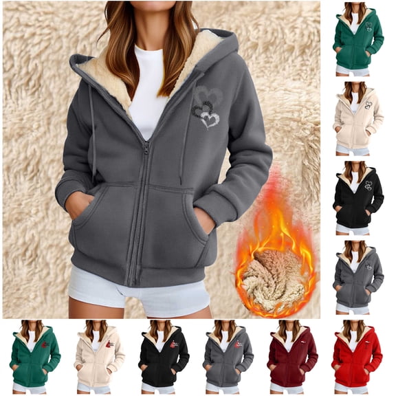 QIUOMBBP Womens Xmas Hoodies Casual Zip Up Christmas Fuzzy Jacket Fleece Sherpa Lined Warm Hooded Sweatshirts Coats, Black, M