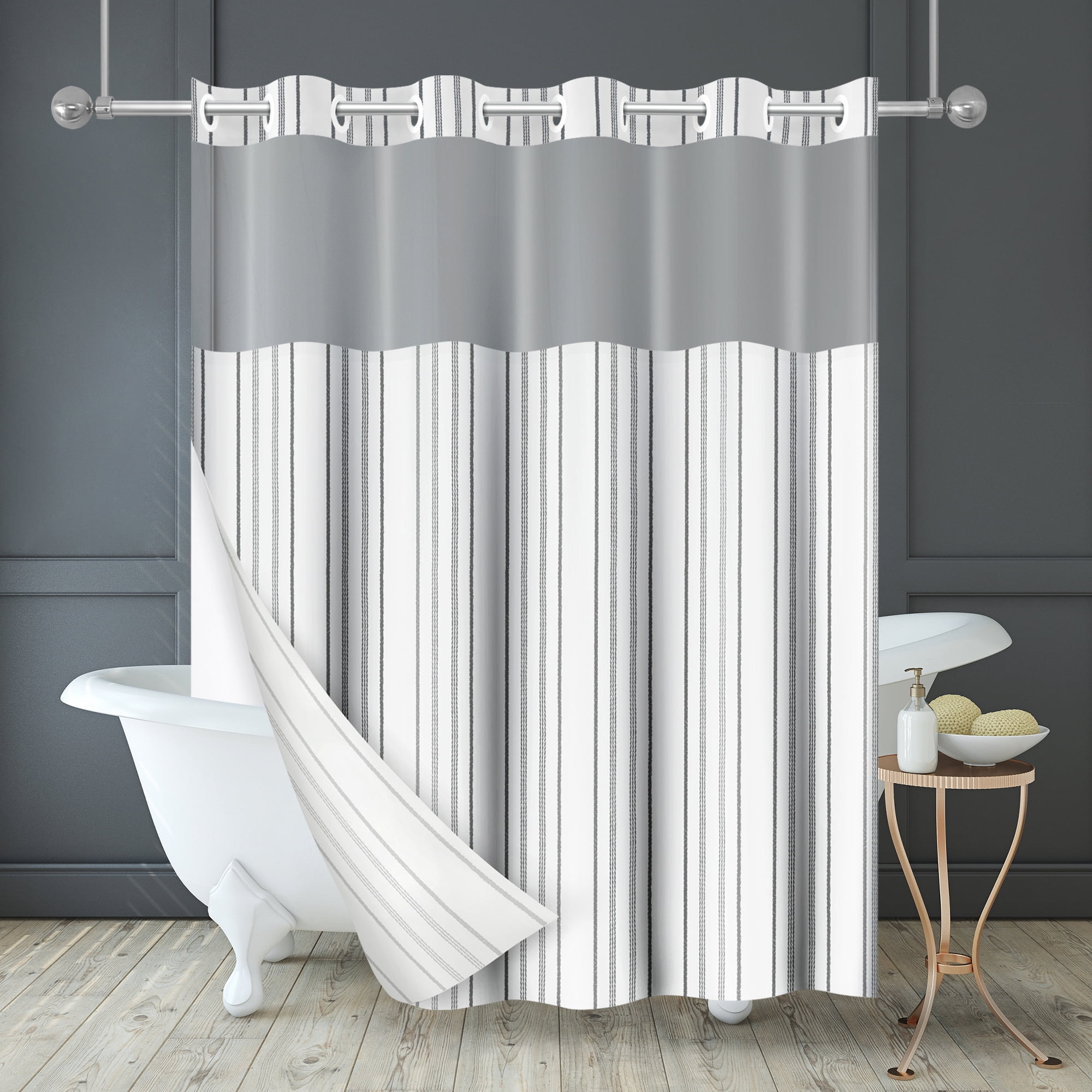 Americanflat 72x75 Hookless Shower Curtain - Abstract Grey Lines Shower Curtain with Sheer Panel, Snap-In Liner, and Grommets - 100% Polyester