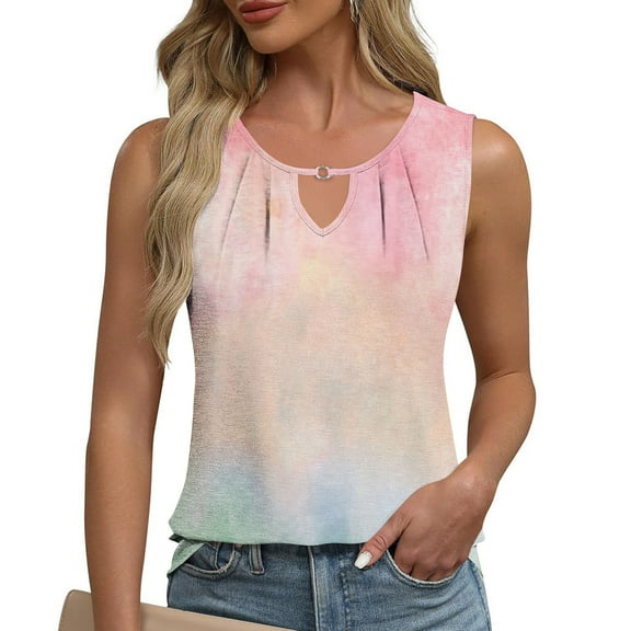 HOMBOM Summer Tops for Women 2025 Cutout Pink Pleated Loose Fit Notch Neck Tie-Dye Sleeveless Tank Graphic Tee