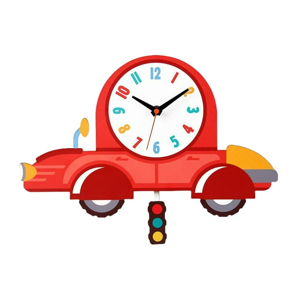 Reloj de pared de dibujos animados, reloj de péndulo de madera sin tictac, reloj decorativo para habitaciones infantiles. Coche
