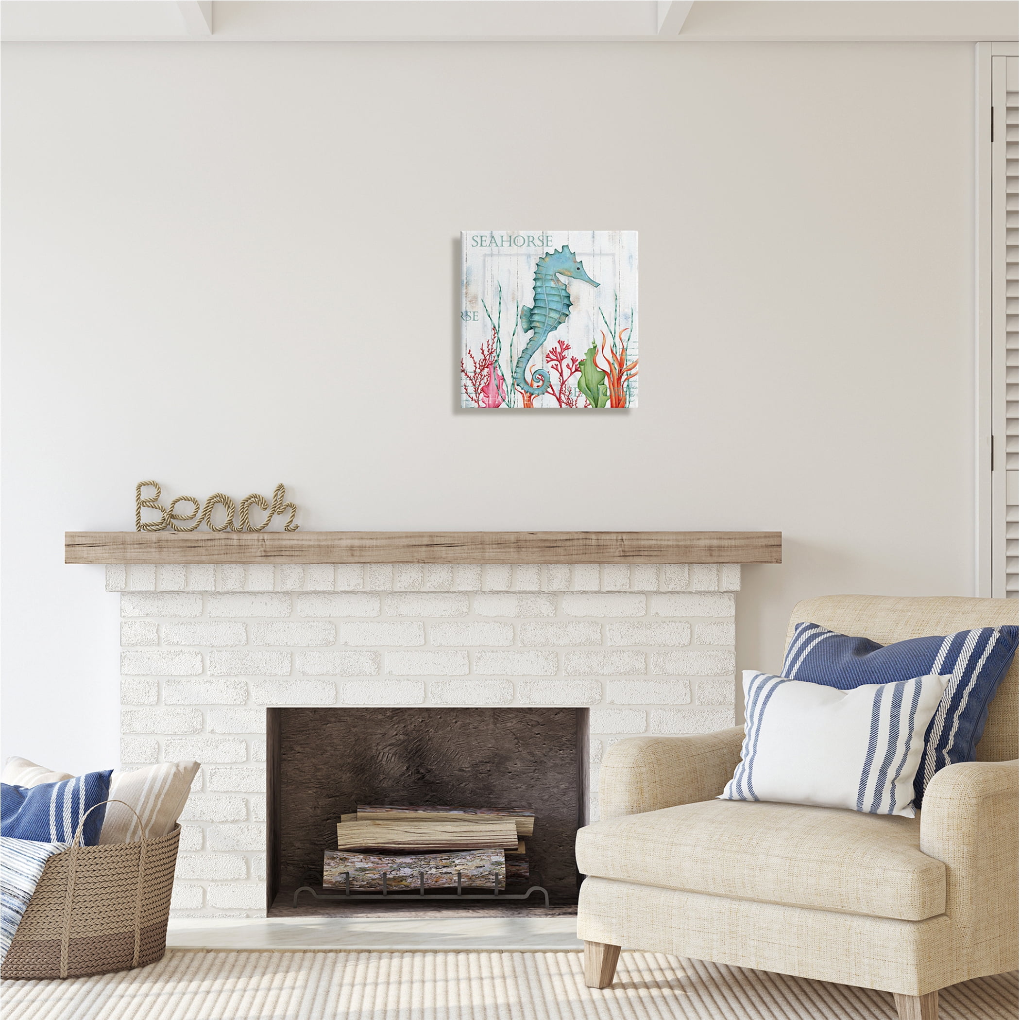 Stupell Industries Seahorse on Rustic Plank Pattern Animals & Insects Painting Gallery Wrapped Canvas Print Wall Art, 17 x 17