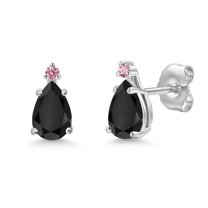 Gem Stone King 14K White Gold Black Onyx and Pink Lab Grown Diamond Stud Earrings for Women | 0.80 Cttw | Gemstone December Birthstone | Pear Shape 6X4MM