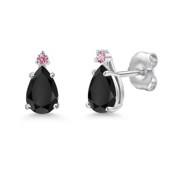 Gem Stone King 14K White Gold Black Onyx and Pink Lab Grown Diamond Stud Earrings for Women | 0.80 Cttw | Gemstone December Birthstone | Pear Shape 6X4MM