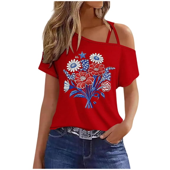 Off The Shoulder Tops for Women 2026 Independence Day Outfits Ladies Short Sleeve USA Patriotic Shirts Summer Clothes