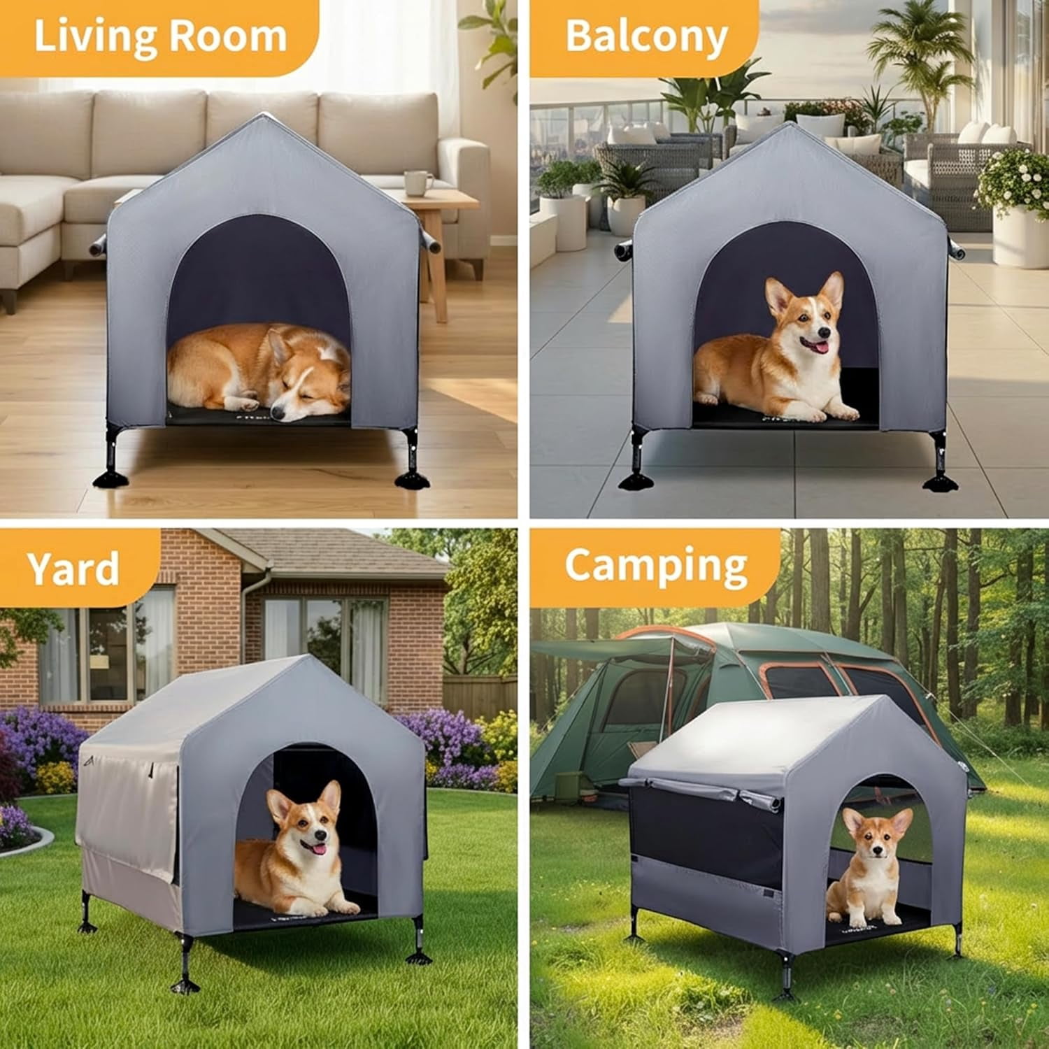 42" Dog House Outdoor Indoor with Breathable Mesh Windows, 2-in-1 Outside Dog House Elevated Dog Bed Cot Dog Tent Shade Shelter, Easy to Assemble & Clean (42 INCH)