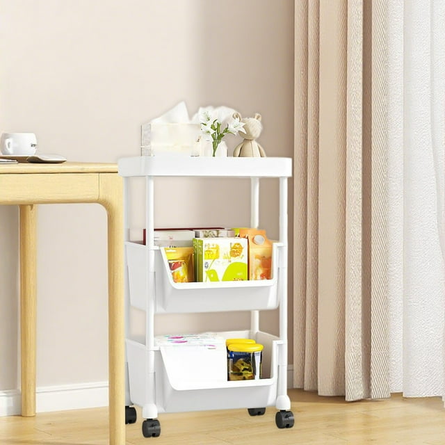 Jpxdew Movable Storage Rack,Plastic Shelves Unit With Wheels Hooks,Large Capacity Organizer,11.8x7.9x35.2in,White