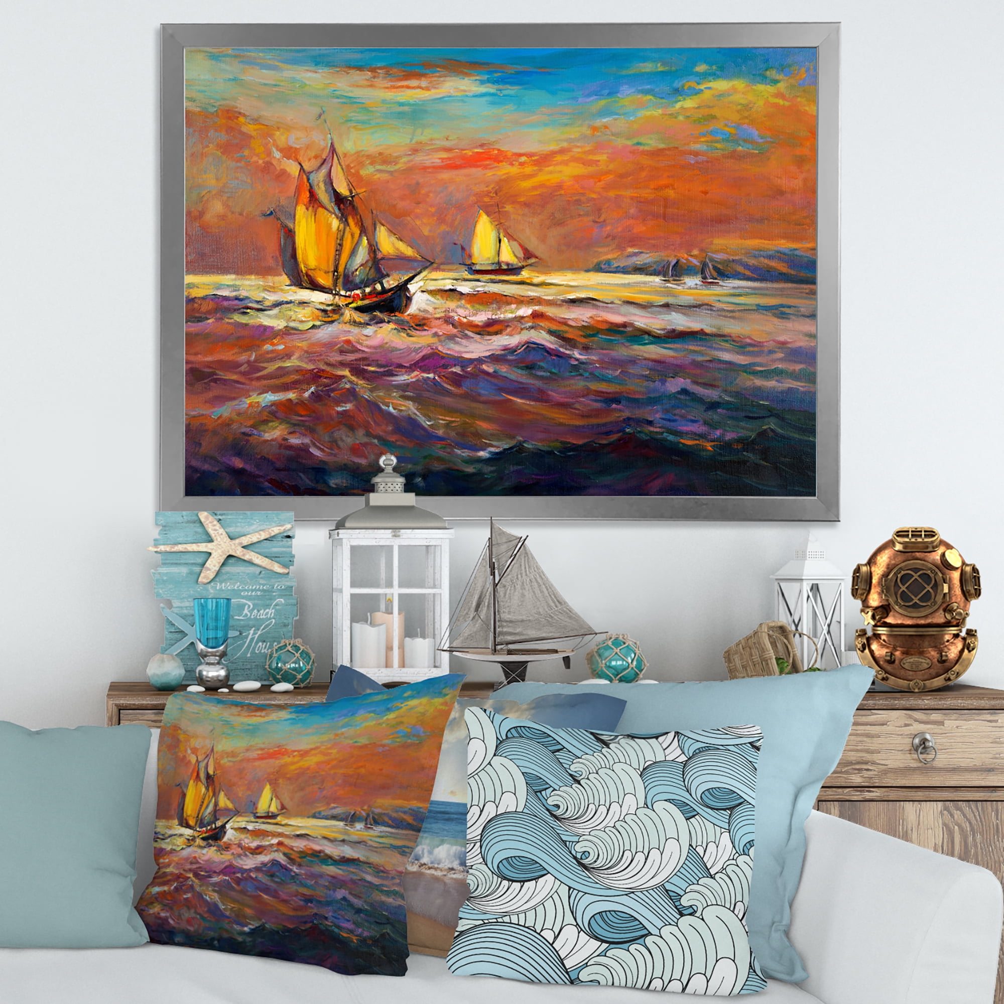Sail ships On The Ocean Waves During Orange Evening Glow 32 in x 16 in Framed Painting Canvas Art Print, by Designart