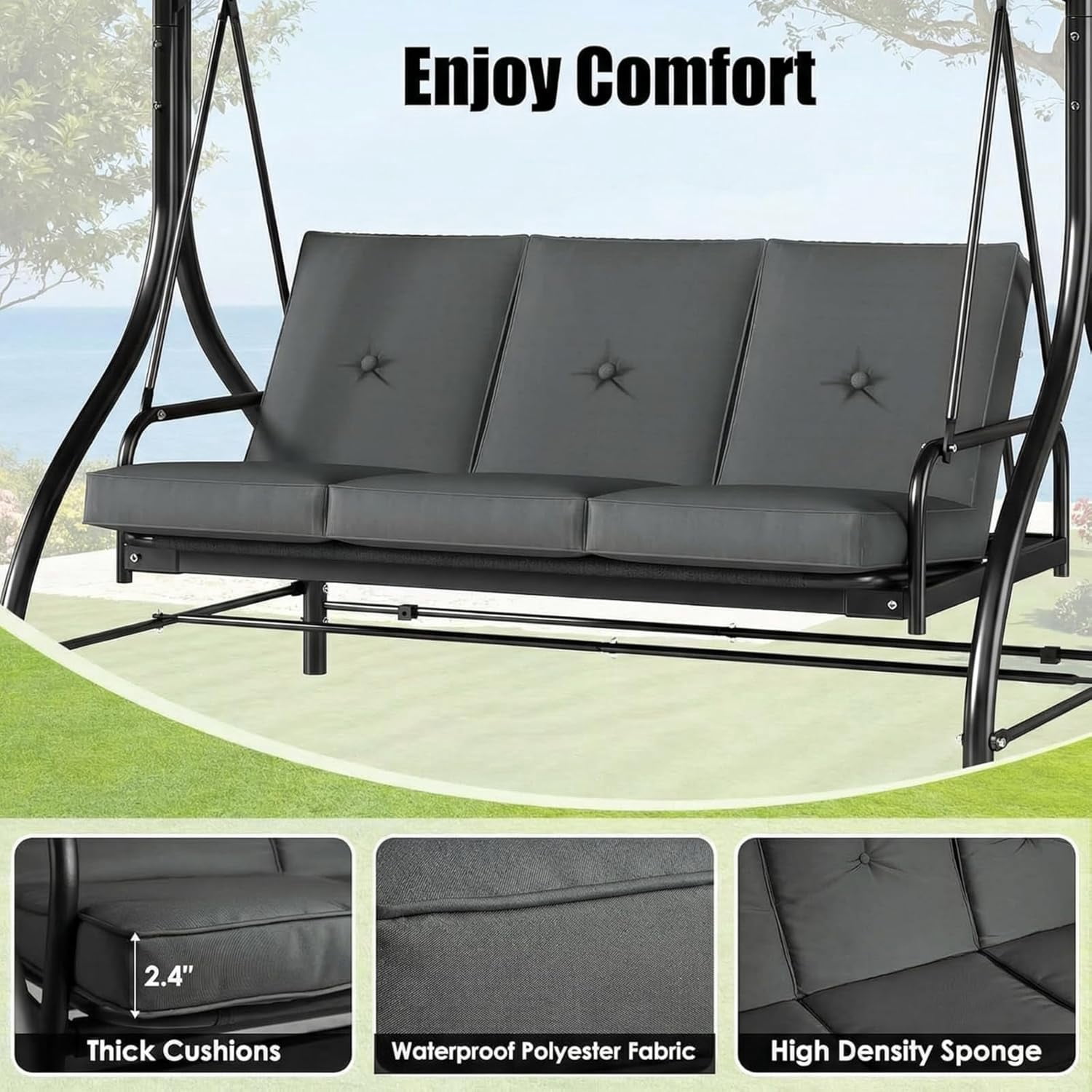 Arlopu 3-Seat Porch Swing, Outdoor Patio Swing Chair with Adjustable Canopy & Removable Cushions, Swing Glider for Garden Poolside Backyard, Gray