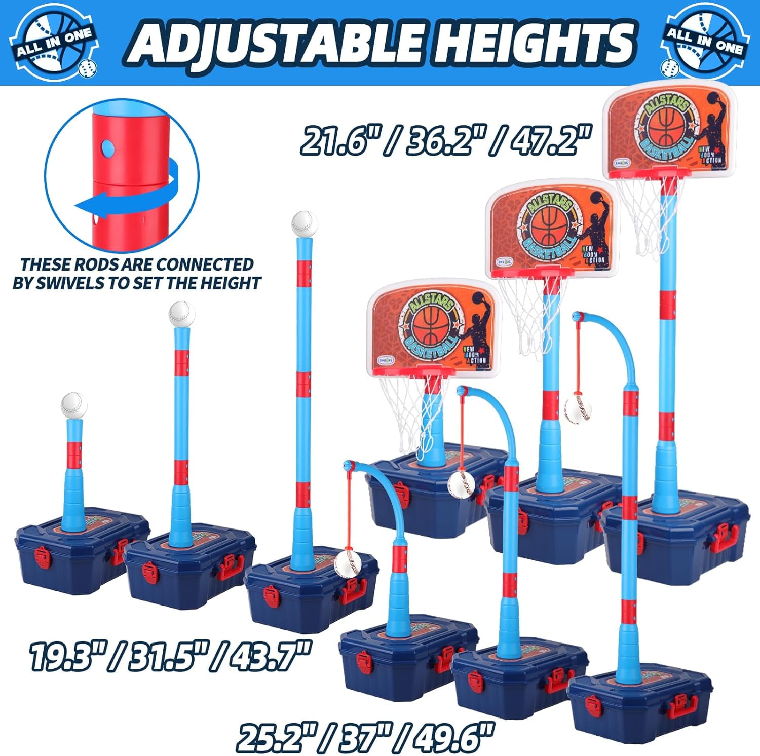 LINXUXIE 4 in 1 Toddler Basketball Hoop and T Ball Set, Kids Baseball Toys with Pitching Machine, Indoor & Outdoor Sport Birthday Gifts for 1-3 3-5 Year Old