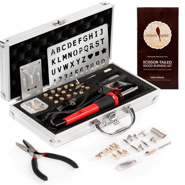 Kit de combustión de leña premium 42PCS | Bolígrafo de temperatura ajustable de 36 puntas con soporte de seguridad, plantilla de metal y alicates. Estuche de lujo e instrucciones gratuitos. Regalo com