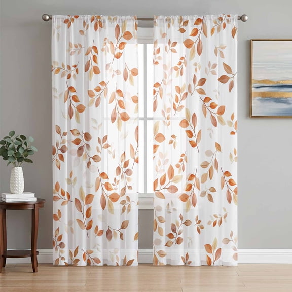 Sheer Curtains 84 Inches Long 2 Panels Set for Living Room, Fall Leaf Semi Sheer Curtains for Windows, Retro Autumn Tree Branch Ombre Orange Voile Window Treatments Rod Pocket Curtain