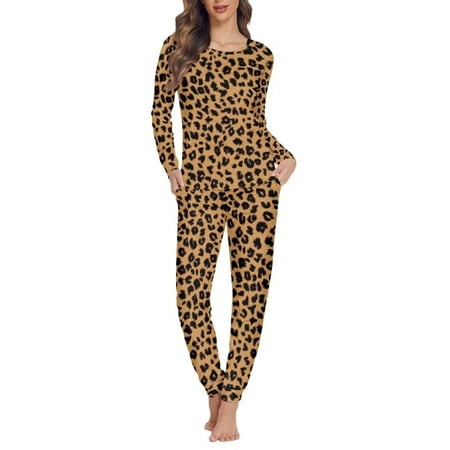 

Renewold Winter Pajamas for Women Warm Brown Leopard Print Shirt Thermal Skin Friendly Pajamas Top and Pants Home Casual Sleepwear Size S