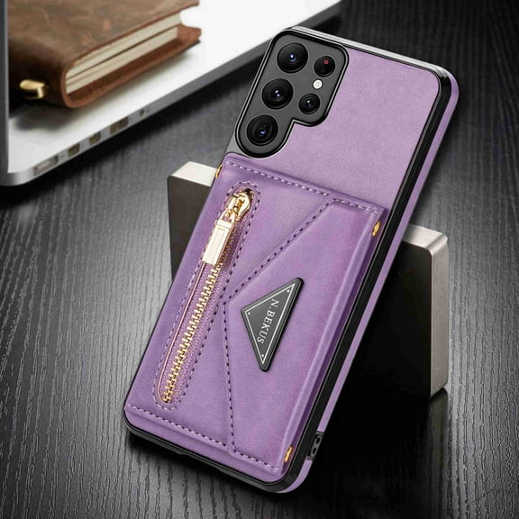 Decase Samsung Galaxy S22 Ultra Crossbody Wallet Case with Card Holder for Women,Leather Magnetic Zipper Purse Back Case with Card Slot Kickstand Shoulder Strap, Purple