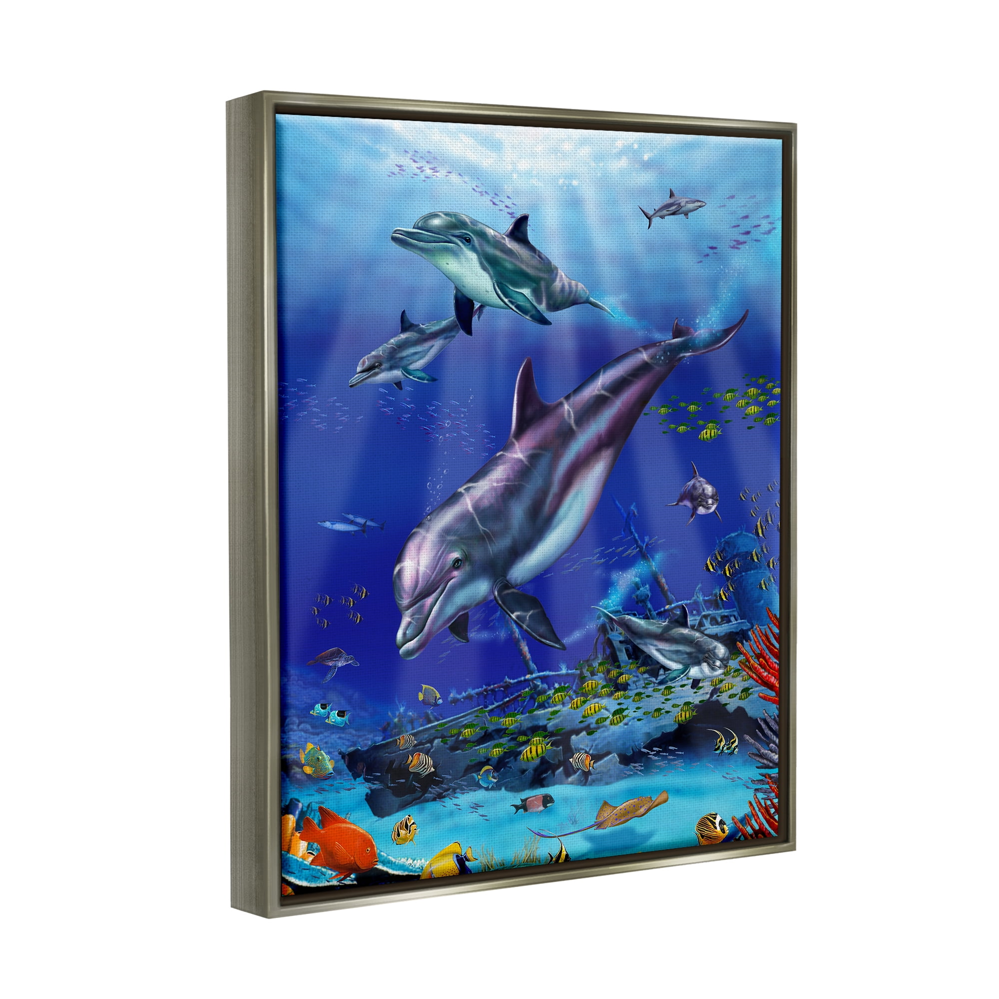 Stupell Industries Aquatic Dolphins & Fish Coastal Painting Gray Floater Framed Art Print Wall Art
