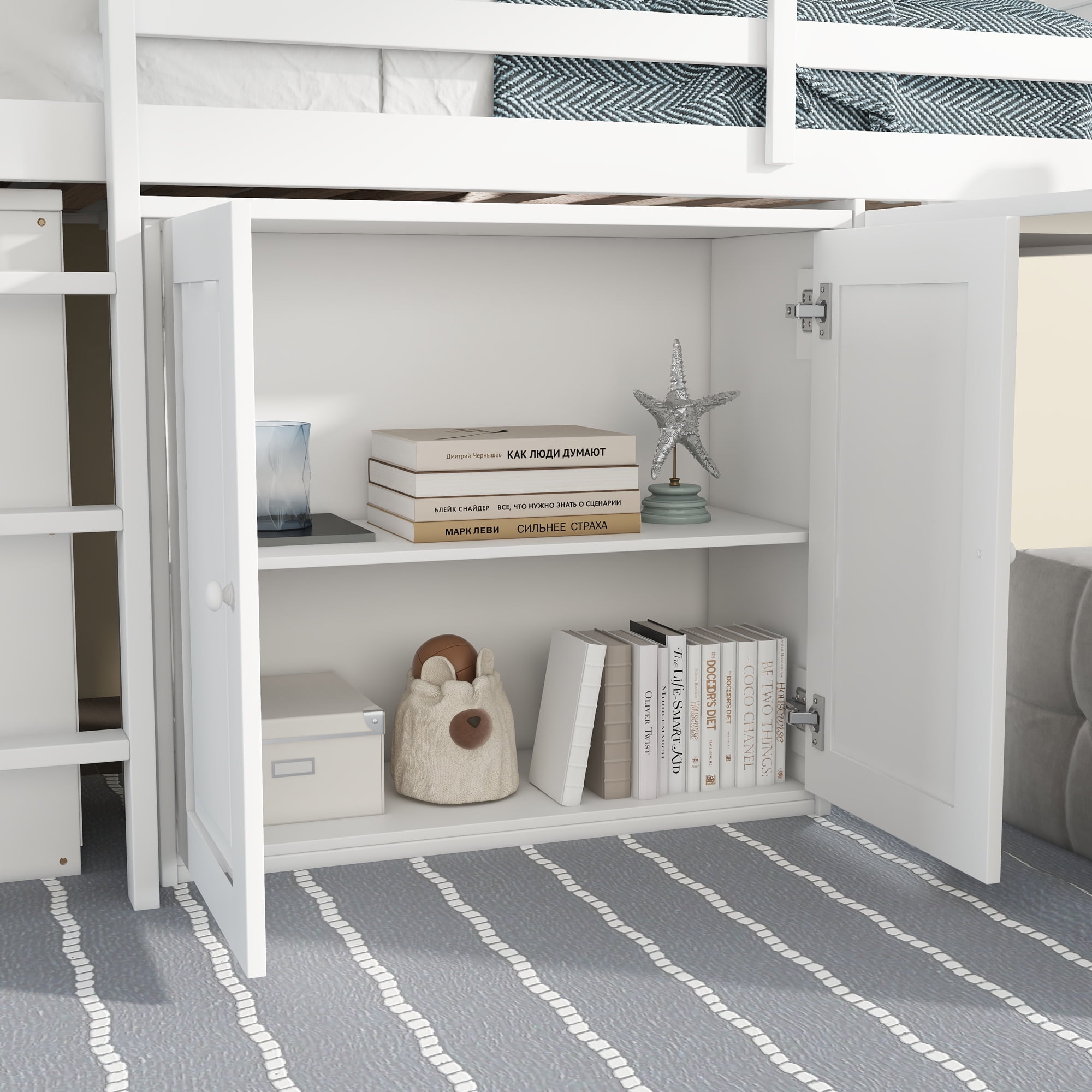 Euroco Wood Twin Size Loft Bed with Drawers and Cabinets, Pulling Out Desk and Shelves, White