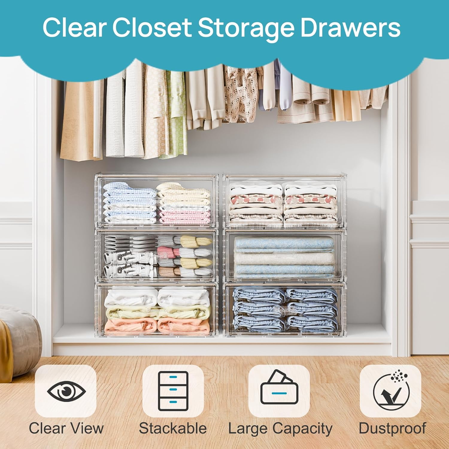 JessieMal 2 Pack Large Clear Stackable Storage Drawers 27QT, Easily Assemble Plastic Closet Storage Bins, Dust-Proof UnderBed Organizer for Clothing, Sweater Organization