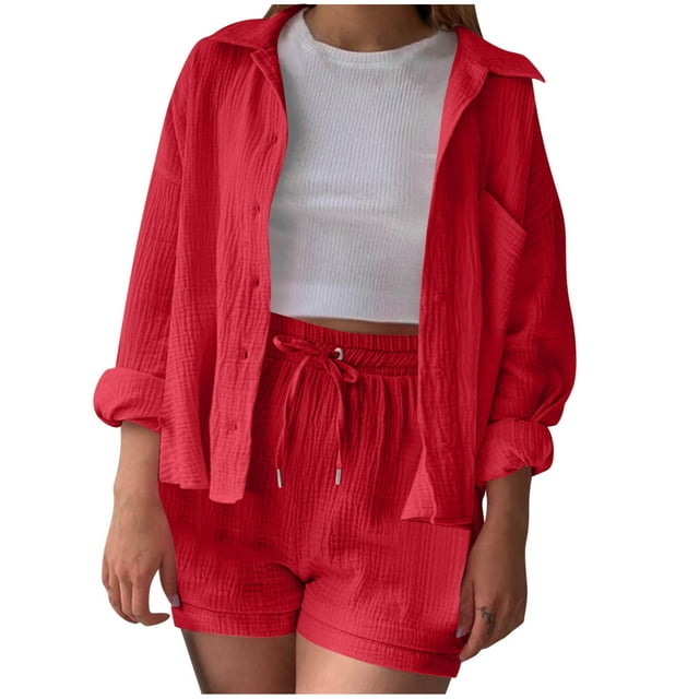AherBiu Summer Outfits for Women Long Sleeve Button down Shirts Drawstring Shorts Beach Vacation Lounge Set