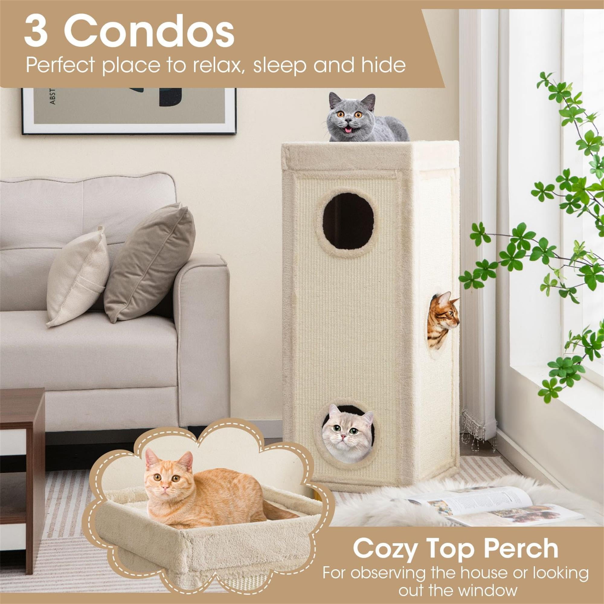 Kadyn 39" Indoor Cat Cave Bed, Cat House Scratcher Furniture, Cat Condo with Scratching Posts, 3 Hideaways, 4 Soft Plush Cushions, Beige