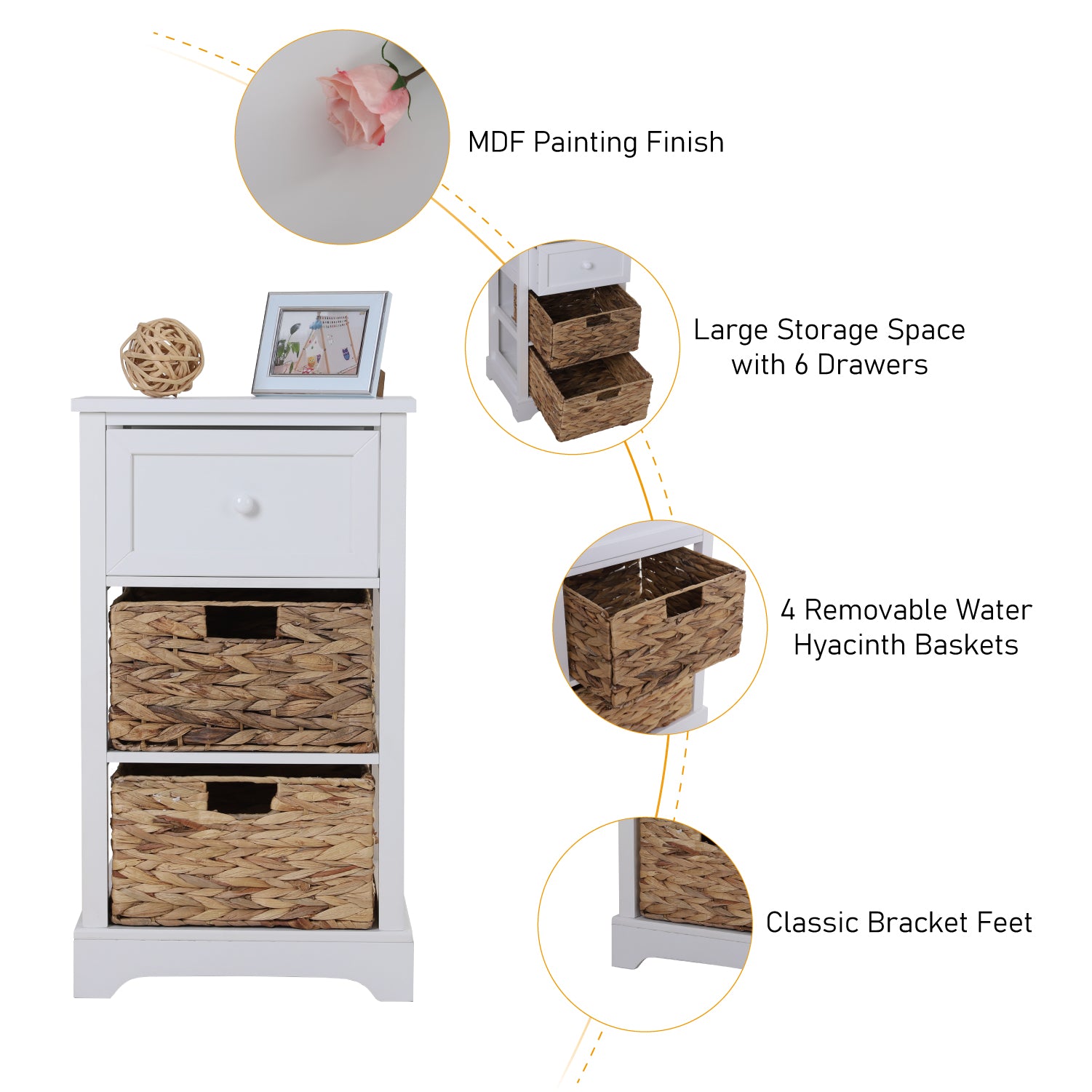 MF Studio Nightstand Six Drawers Decorative Storage Cabinet with Removable Water Hyacinth Woven Baskets, White