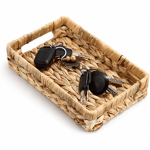 Natural Water Hyacinth Woven Basket Tray - Small Wicker Organizer for Keys, Wallet, Cell Phone, Candy, Snacks - Decorative Tray for Entryway Table, Countertop, Coffee Table (11x7 inches)