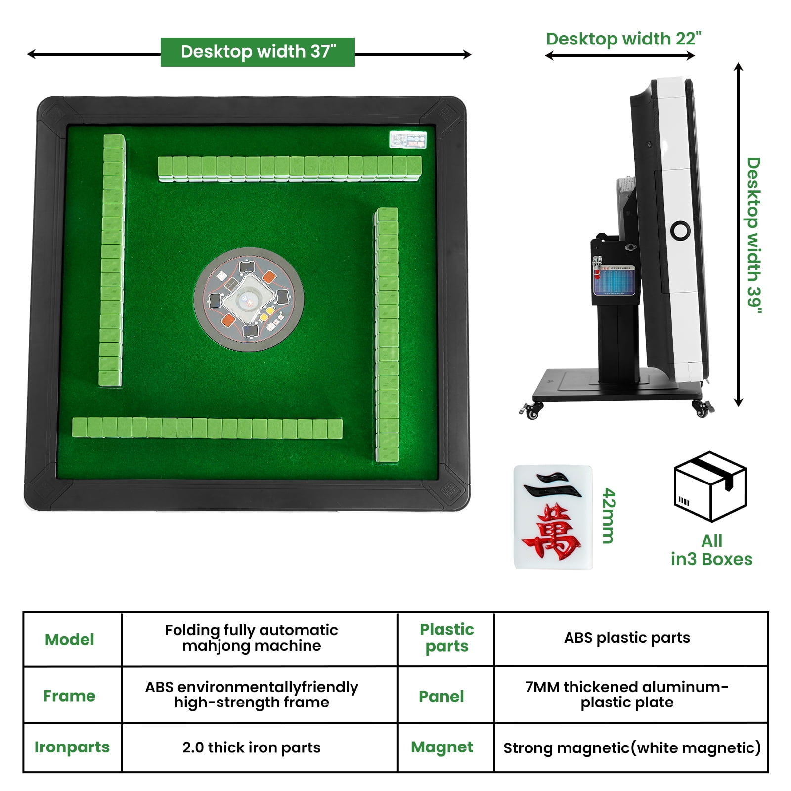 Automatic Mahjong Table with Wheels - 2 Sets of 144 42mm Tiles(Blue & Green) - Electric Foldable Mahjong Table Shuffler for Chinese Party and Gifts