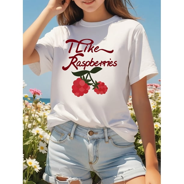 Moda de verano para niñas: Camiseta de manga corta con estampado de frutas - Mezcla de poliéster suave, lavable a máquina, cuello redondo