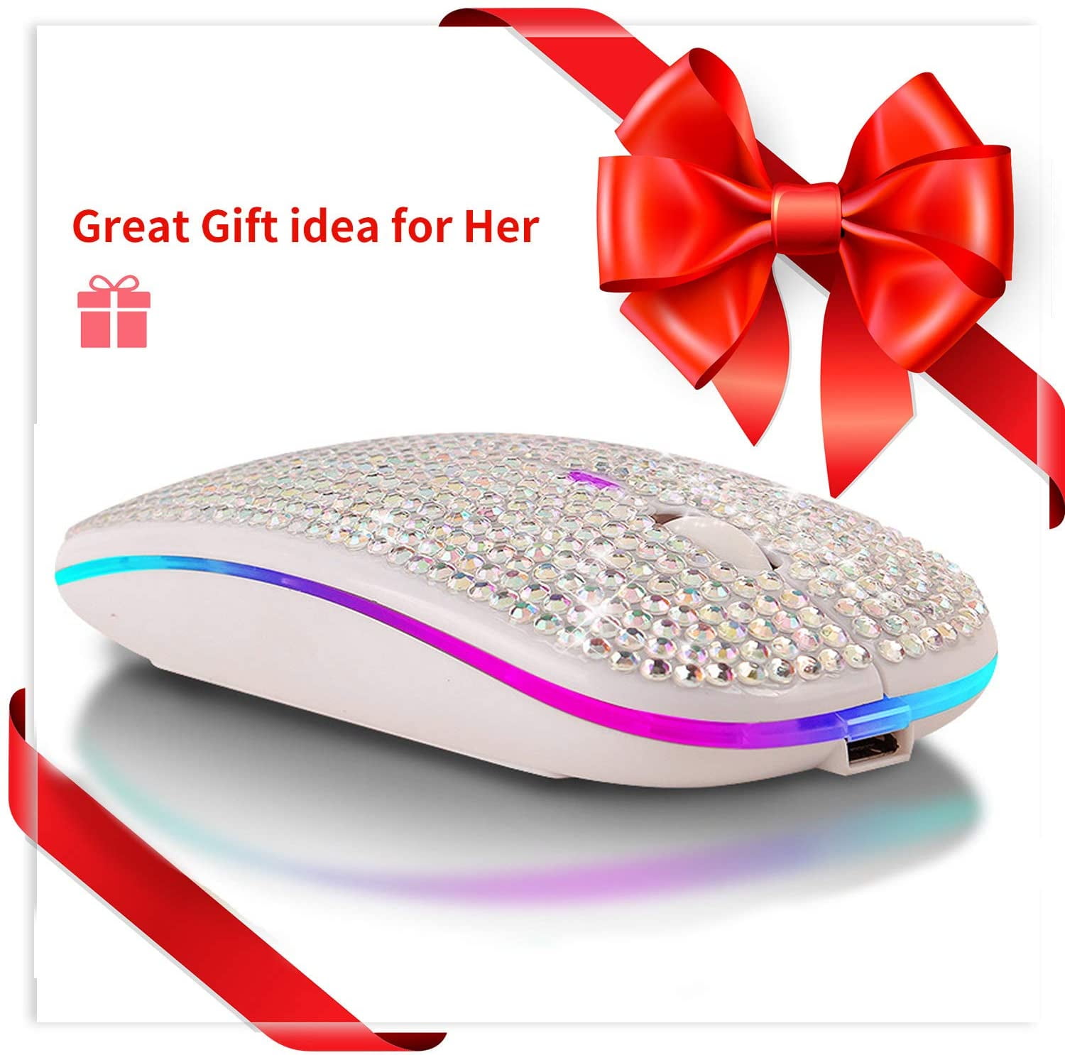 Bling Rhinestone Bluetooth Mouse, 2.4G Rechargeable Wireless Slim Mouse with USB Receiver, Sparkling Glitter Mouse for PC Laptop MacBook, Gift for Women