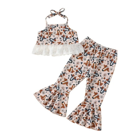 

TAIAOJING Toddler Girl Clothes Lace Tulle Sleeveless Flowers Cartoon Prints Tops Trumpet Long Pants Outfit 5-6 Years