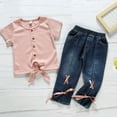 thumbnail image 2 of Coerni Baby Girl Clothing Set Short Sleeve Solid Ribbed Tops Patchwork Jeans Denim Pants Outfits Set Outfits for Teen Girls, 2 of 9