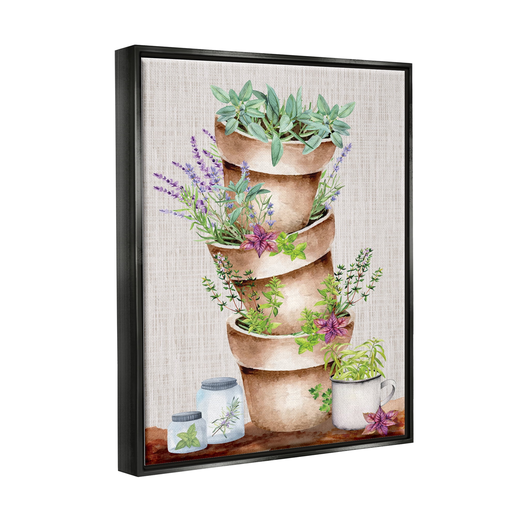 Stupell Stacked Potted Herbs Garden Botanical & Floral Painting Black Floater Framed Art Print Wall Art